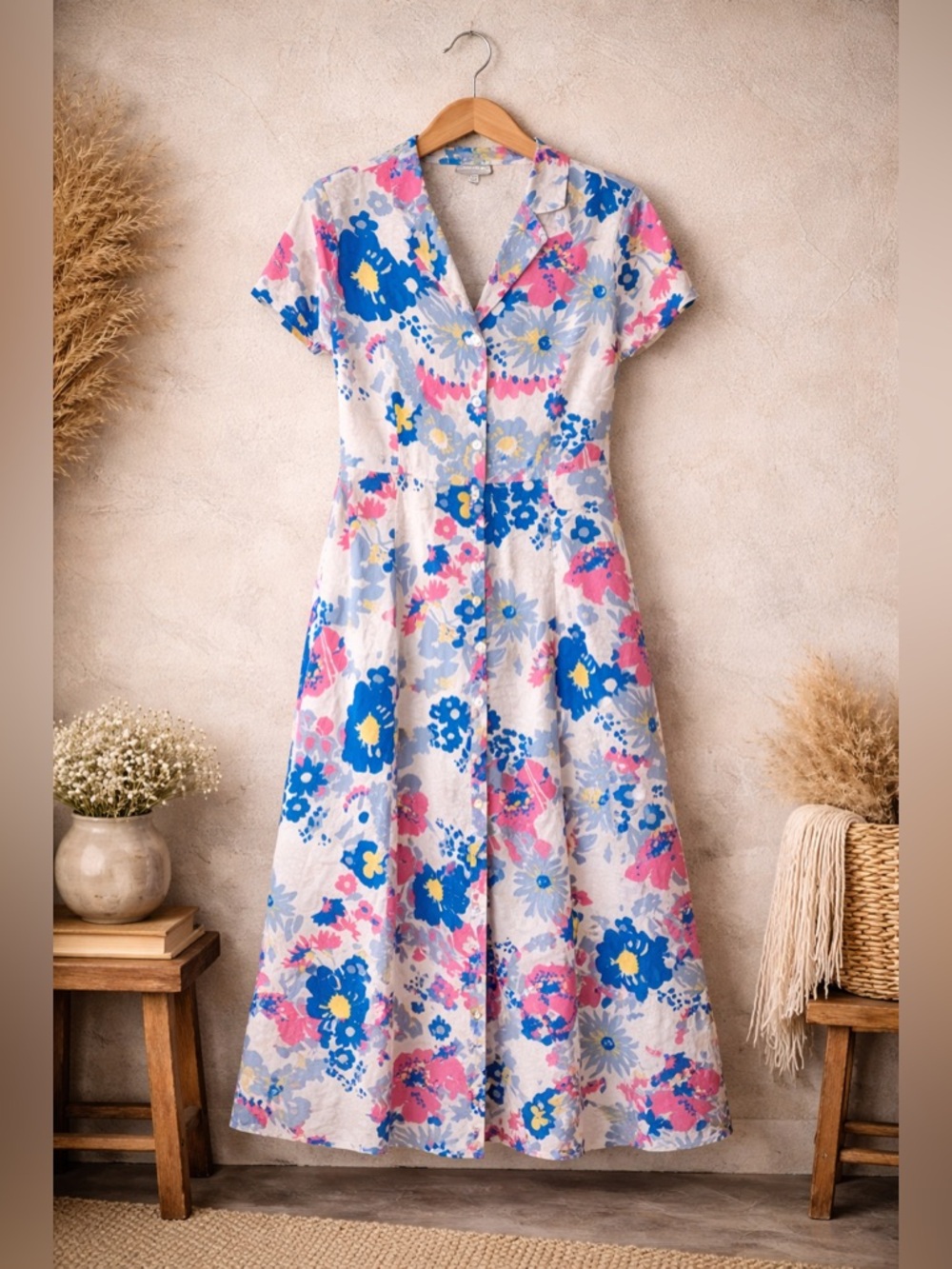 ModCloth floral midi dress in blue and pink, lightweight and easy to style.